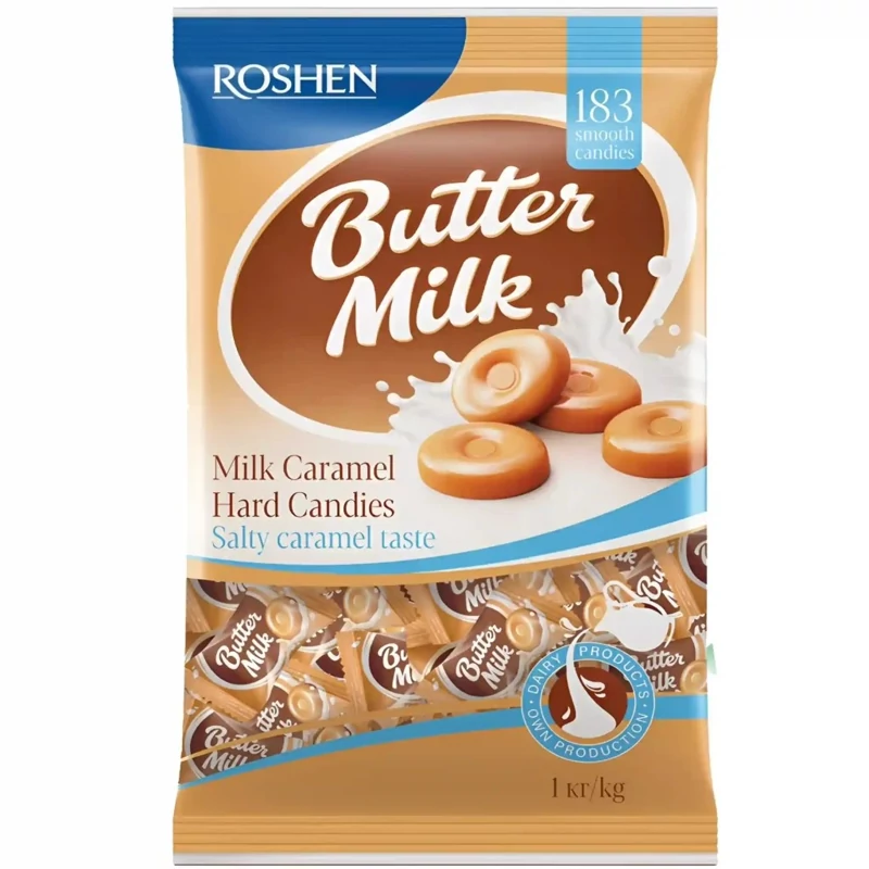 آبنبات باتر میلک روشن با کرم کارامل نمکی و شیری Roshen Butter Milk بسته 1 کیلویی