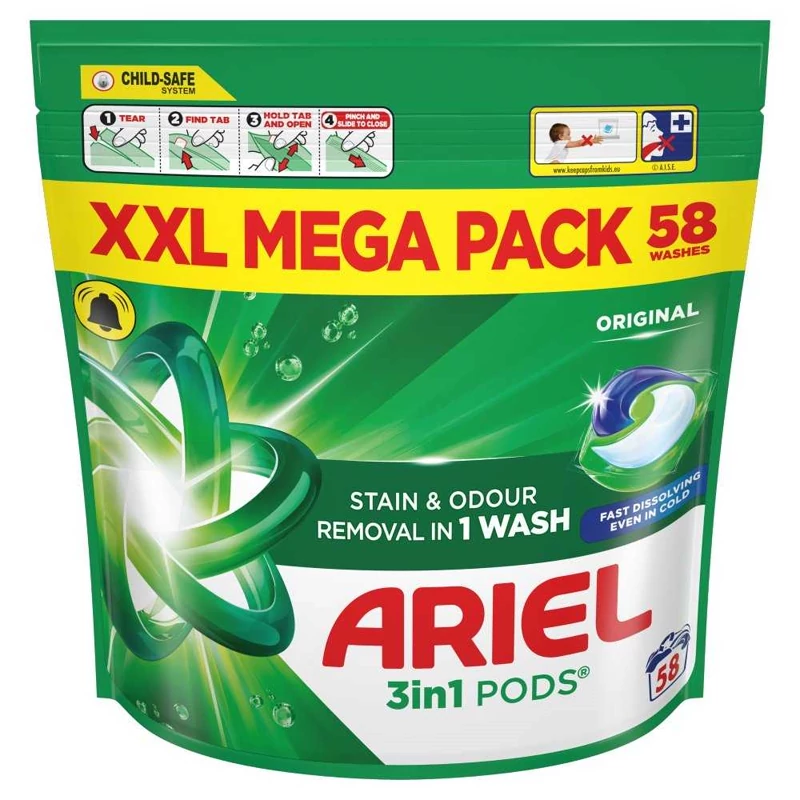قرص ماشین لباسشویی هلندی آریل Ariel 3-in-1 PODS All-in-1 Stain & Odour لکه گیر و بوگیر بسته 58 عددی