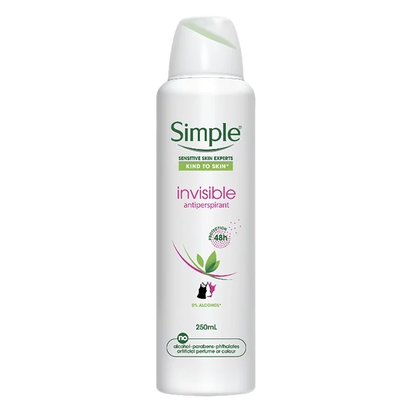 اسپری ضد تعریق سیمپل مناسب پوست حساس، محافظت 48 ساعته مدل Invisible Antiperspirant حجم 250 میل