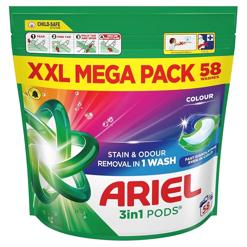 قرص ماشین لباسشویی هلندی آریل Ariel All-In-1 Pod's washing مناسب لباس های رنگی بسته 58 عددی