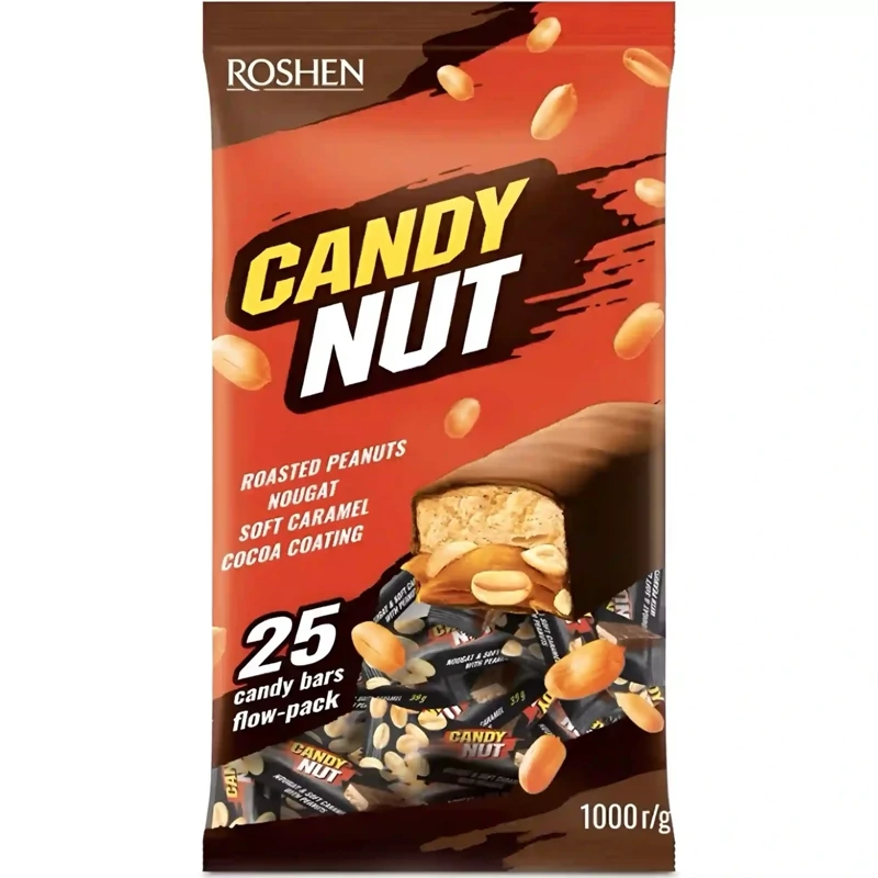شکلات پذیرایی کندی نات مشکی  روشن Roshen مدل Candy Nut بزرگ با کرم کارامل و بادام زمینی بسته 1 کیلویی