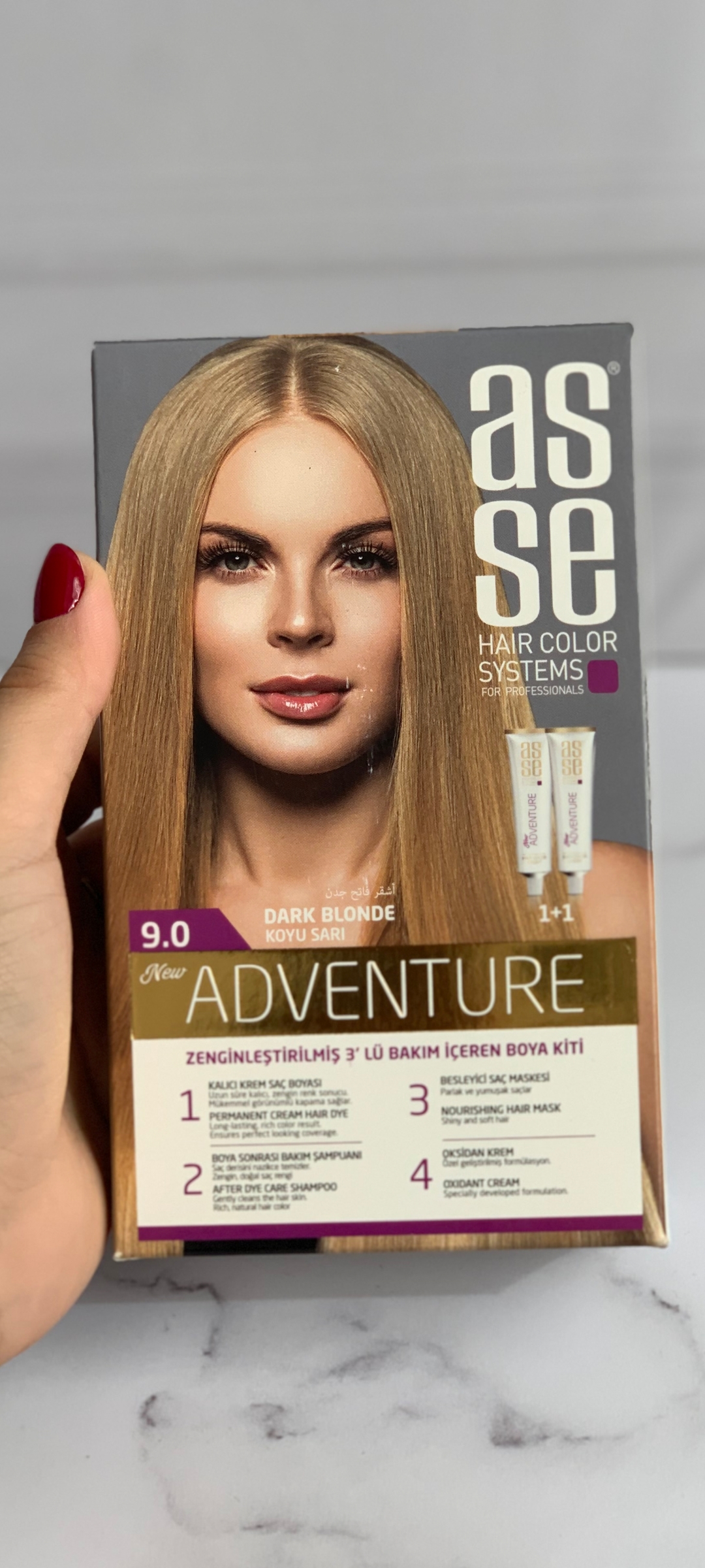 رنگ مو آسه asse سری adventur رنگ dark blonde شماره 9.0حاوی دو تیوپ حجم 50 میل