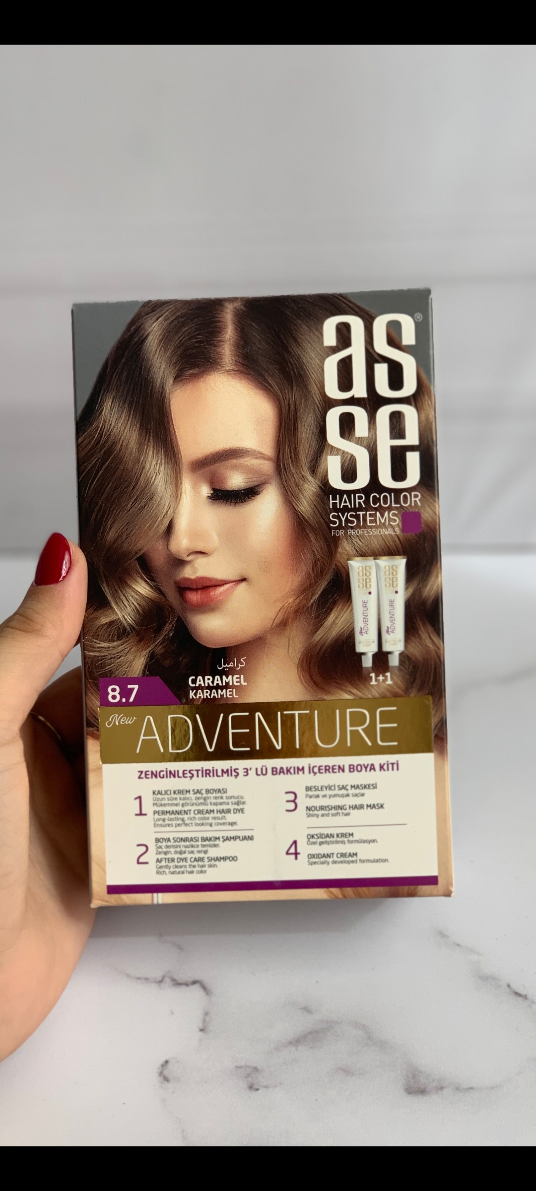 رنگ مو آسه ASSE سری ADVENTUR رنگ caramel شماره8.7 حاوی دو تیوپ حجم 50 میل