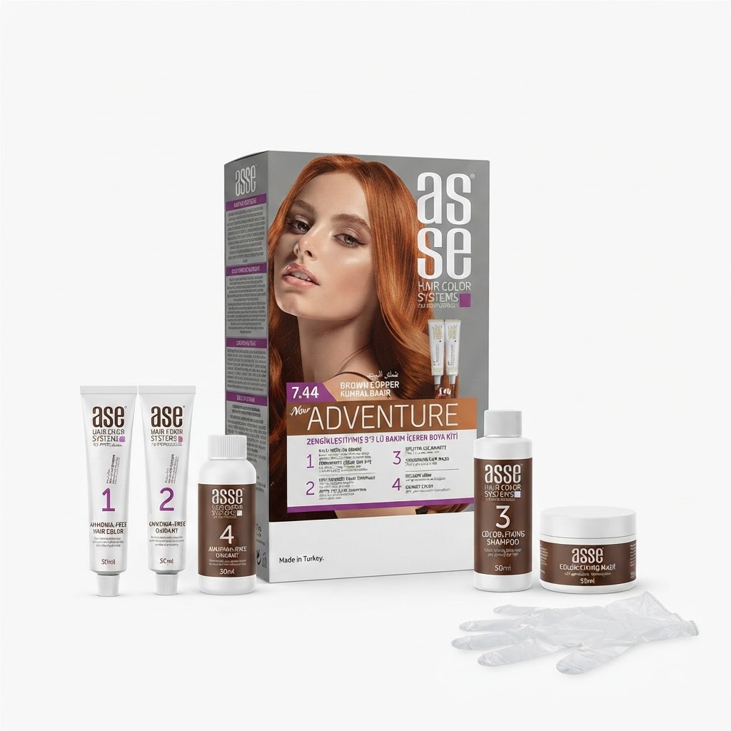 رنگ مو آسه ASSE سری ADVENTUR رنگ  brown copper شماره 7.44حاوی دو تیوپ حجم 50 میل