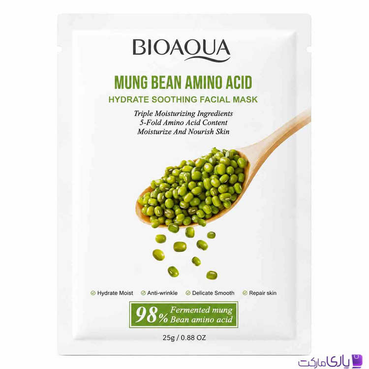ماسک صورت ورقه ای بیوآکوا مدل ماش و آمینو اسید آبرسان و تسکین دهنده حجم 25 گرم