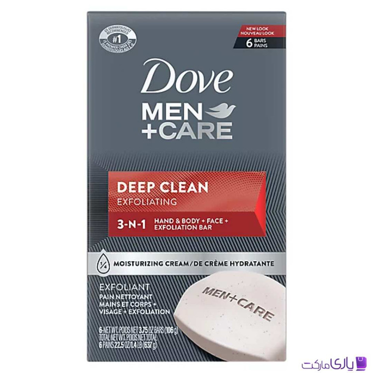 صابون مردانه داو اروپایی مدل Deep Clean Exfoliating 3-in-1 با خاصیت لایهبرداری بسته 6 عددی