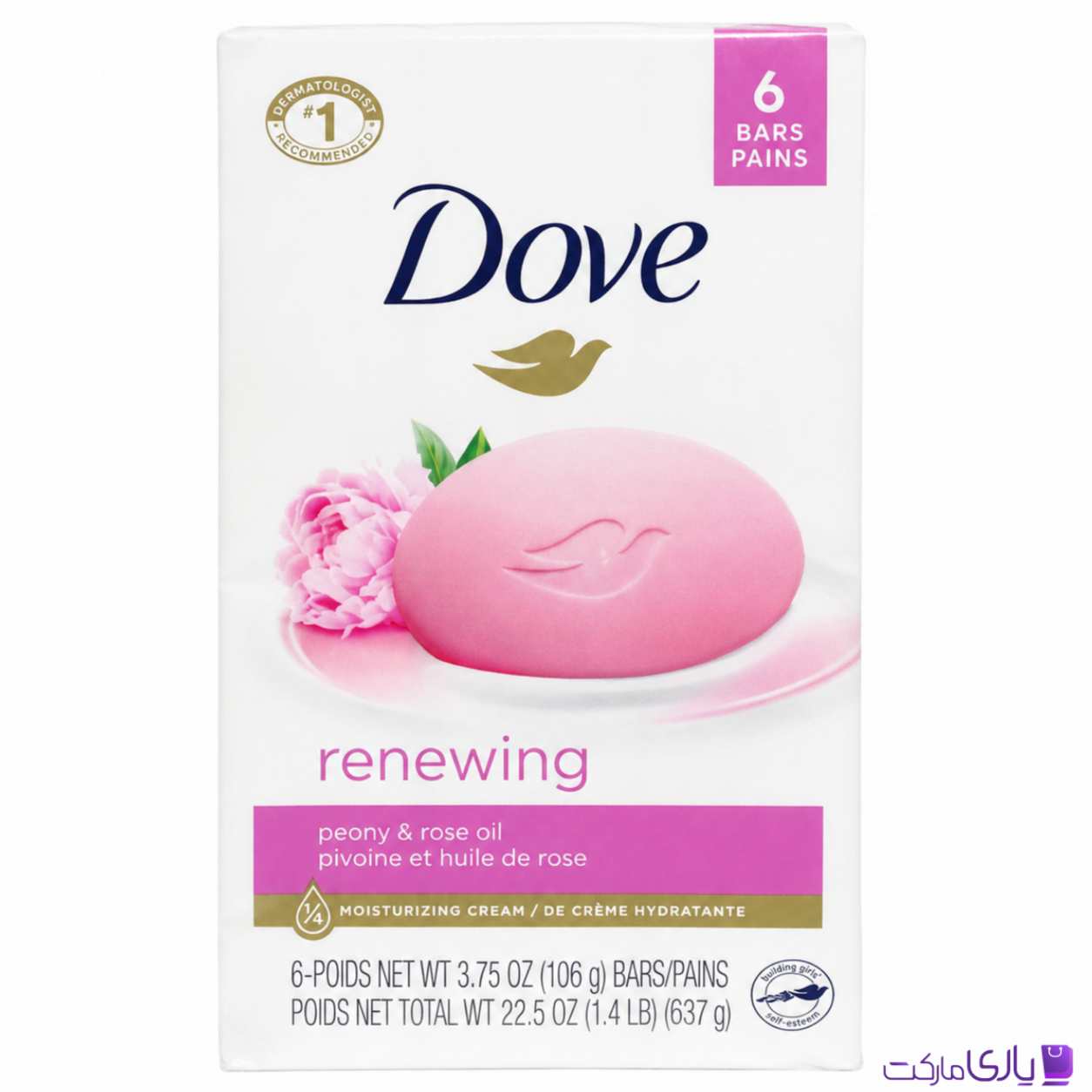 صابون داو مدل Renewing حاوی ¼ کرم مرطوبکننده با عصاره گل صدتومانی و روغن گل رز بسته 6 عددی اروپایی