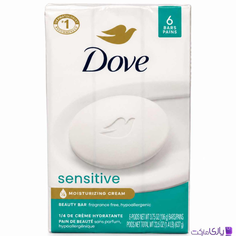 صابون داو اروپایی مدل Sensitive مخصوص پوستهای حساس فاقد عطر و ضد حساسیت بسته 6 عددی