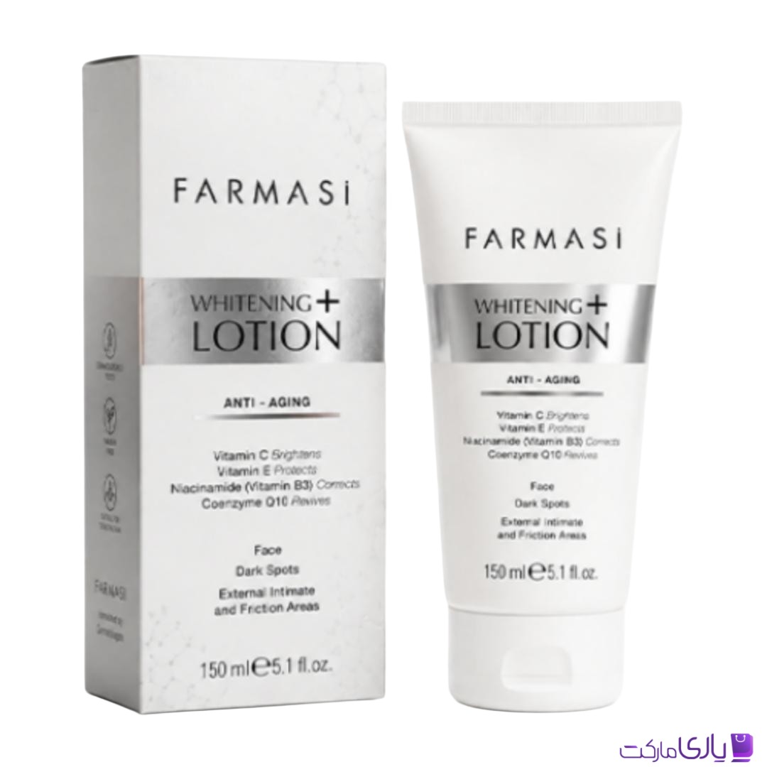 لوسیون روشنکننده و ضد چروک فارمسی مدل Whitening+ مخصوص صورت، نواحی تیره و پوستهای حساس حجم 150 میل