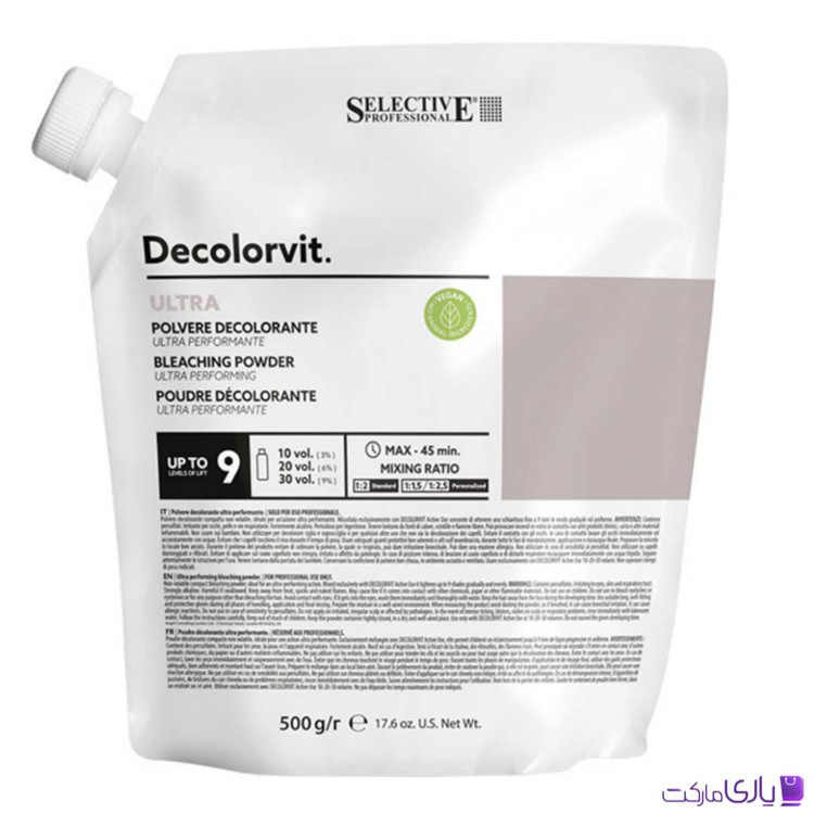 پودر دکلره ایتالیایی سلکتیو Selective مدل Decolorvit Ultra پایه 9 خاکستری حجم 500 گرم