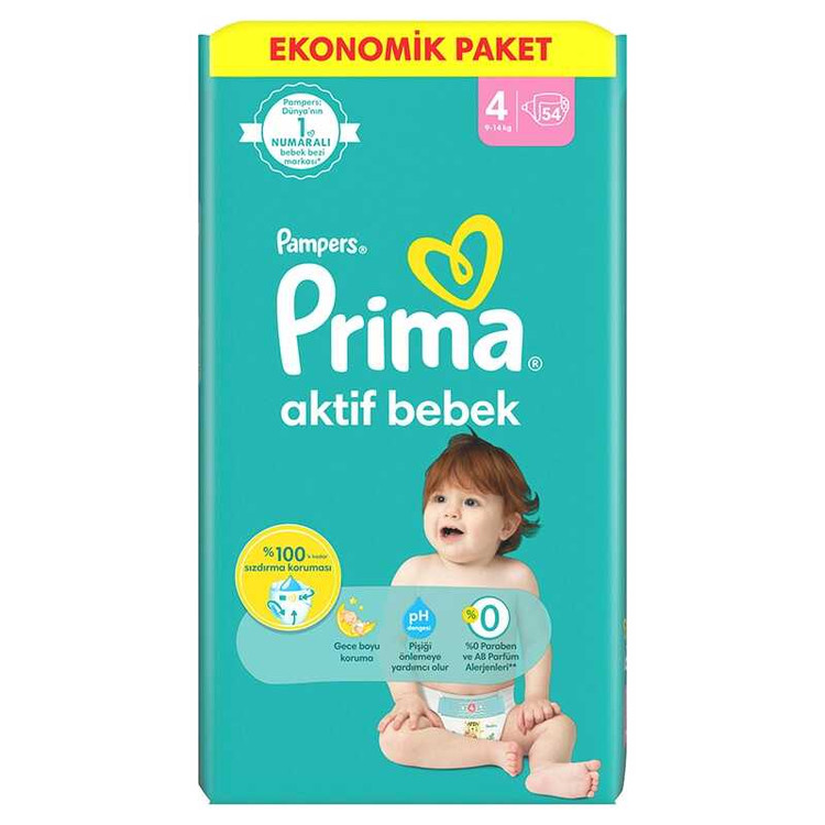 پوشک بچه پریما سایز 4 مدل Aktif Bebek بسته 54 عددی