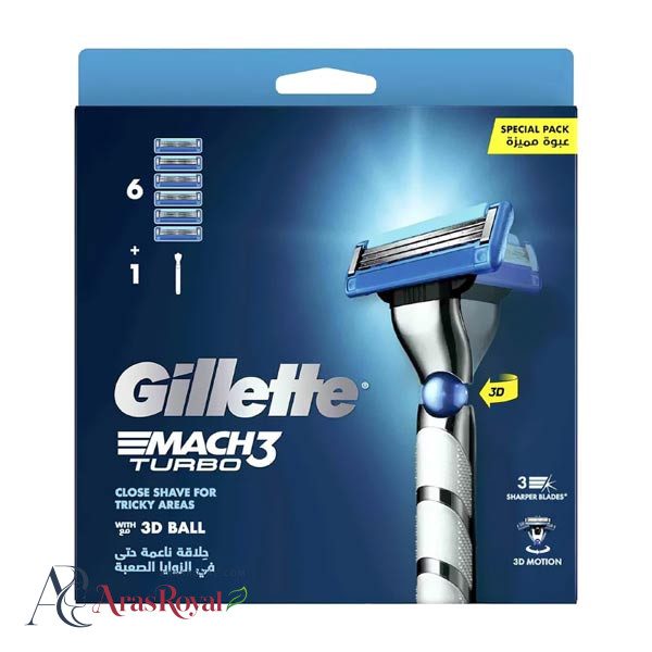 ست دسته و یدک ژیلت Gillette سه لبه مدل Mach 3 Turbo بسته 6 عددی