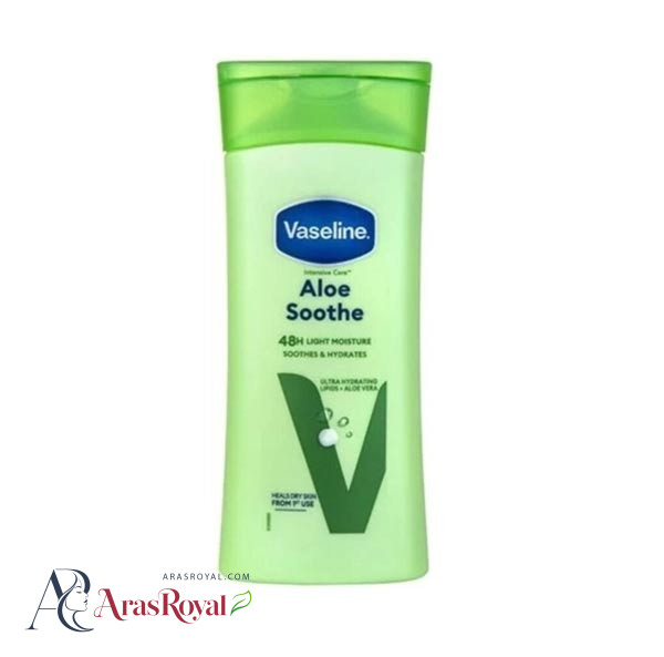 لوسیون بدن وازلین Vaseline مدل Aloe Soote رایحه آلوئه ورا سبز حجم 200 میل