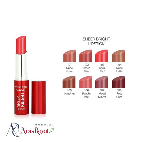 رژ لب جامد براق گلدن رز Golden Rose مدل Sheer Bright رنگ Coral Red شماره 103