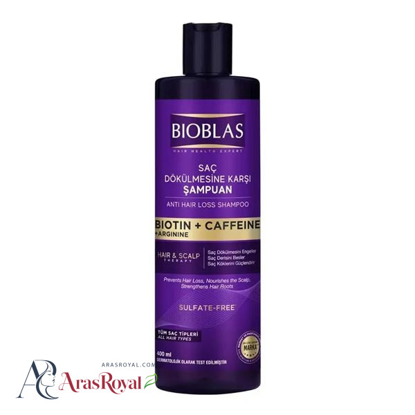 شامپو ضد ریزش بدون سولفات بیوبلاس BIOBLAS حاوی کافئین و بیوتین حجم 400 میل