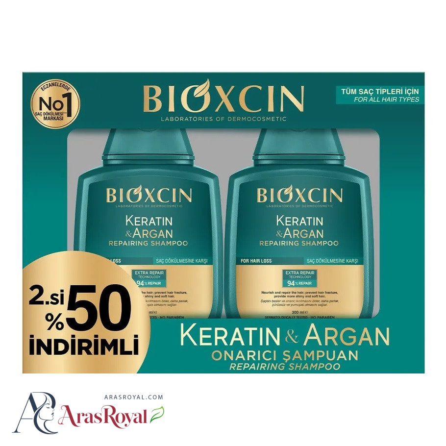 پک 2 عددی شامپو بیوکسین BIOXCIN حاوی روغن آرگان و کراتین حجم 300 میل
