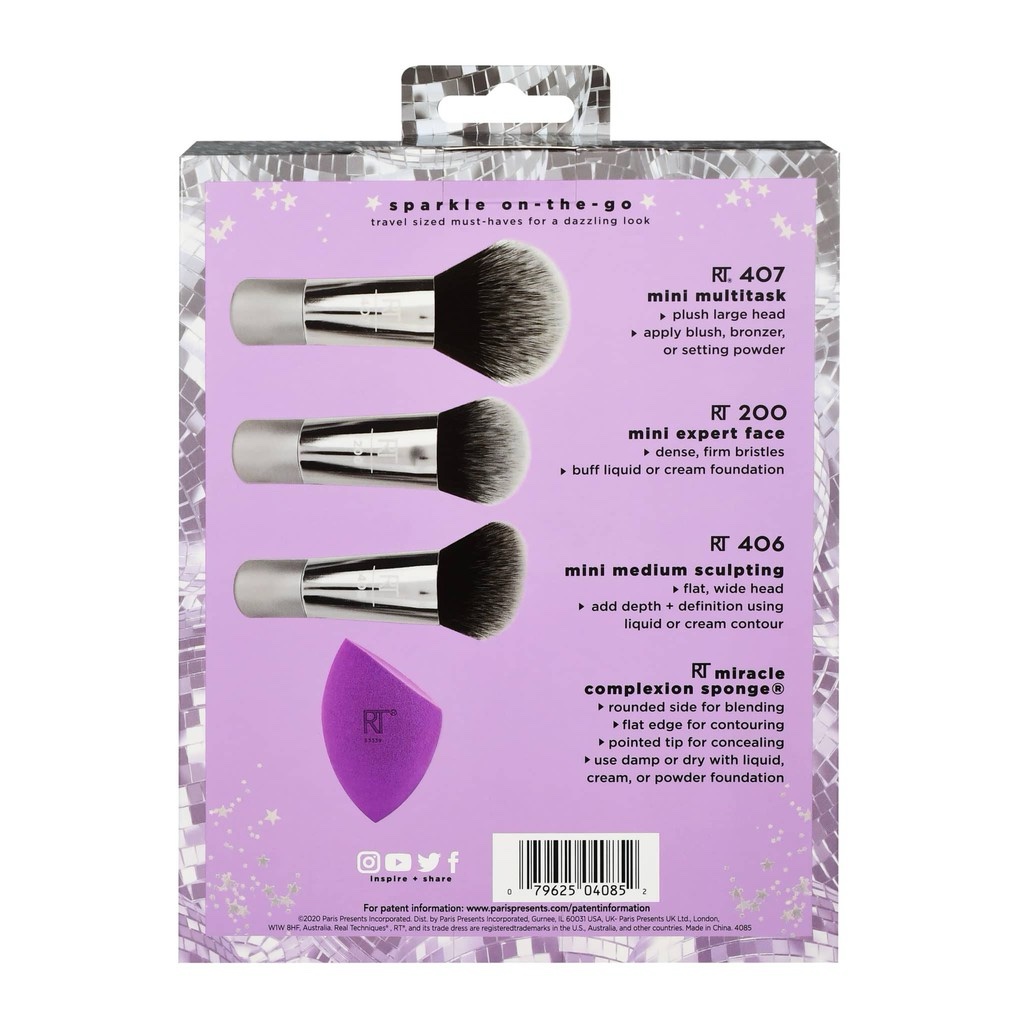 ست براش آرایشی مسافرتی ریل تکنیکس مدل Sparkle On-The-Go کد 04085 اورجینال Real Techniques | 3 براش و اسفنج آرایشی (واردا