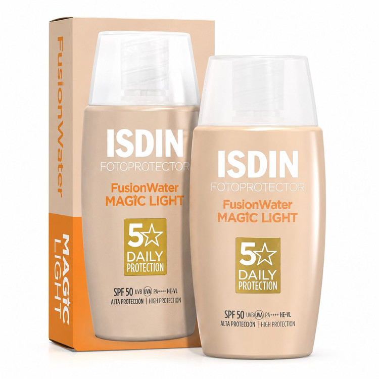 ضد آفتاب فلوئیدی رنگی ایزدین Fusion Water MAGIC Light SPF50 حجم 50 میل اورجینال پوشش طبیعی و یکدستکننده پوست