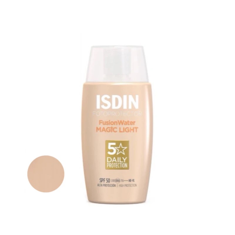 ضد آفتاب فلوئیدی رنگی ایزدین Fusion Water MAGIC Light SPF50 حجم 50 میل اورجینال پوشش طبیعی و یکدستکننده پوست