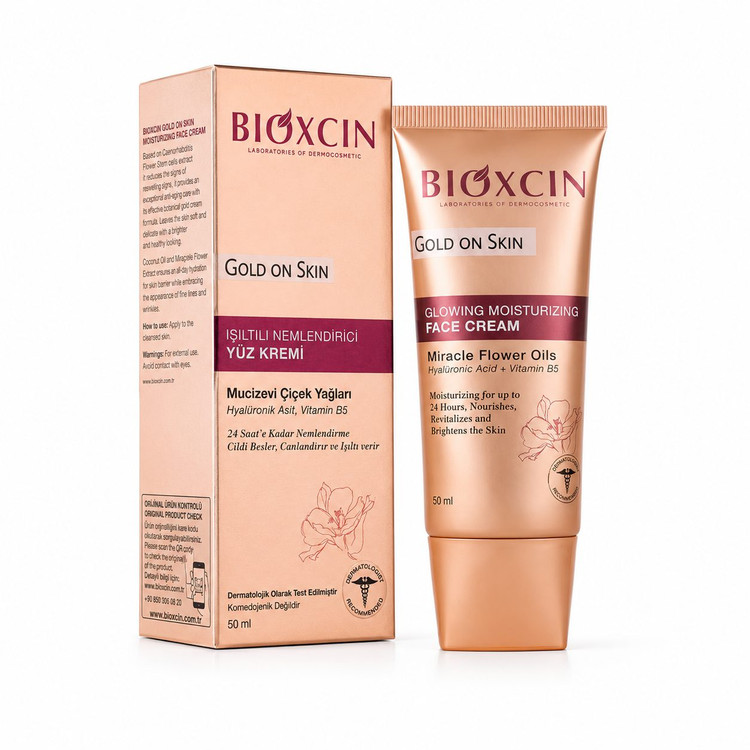 کرم درخشانکننده صورت بیوکسین Gold On Skin حاوی هیالورونیک اسید حجم 50 میل اورجینال آبرسان، شفافکننده و افزایش درخشندگی