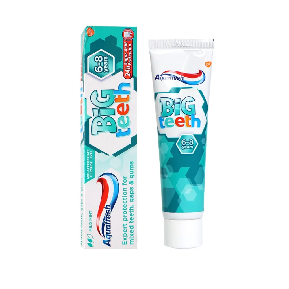 خمیر دندان کودک آکوافرش Big Teeth مناسب 6 تا 8 سال حجم 50 میلیلیتر اورجینال محافظت از دندانهای شیری و دائمی