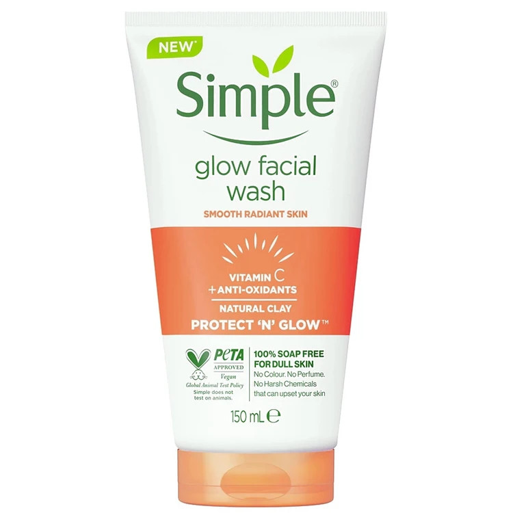 ژل شستشوی صورت روشنکننده گلو فیس واش سیمپل Simple Glow Facial Wash Vitamin C + Antioxidants + Natural Clay سیمپل 150ml