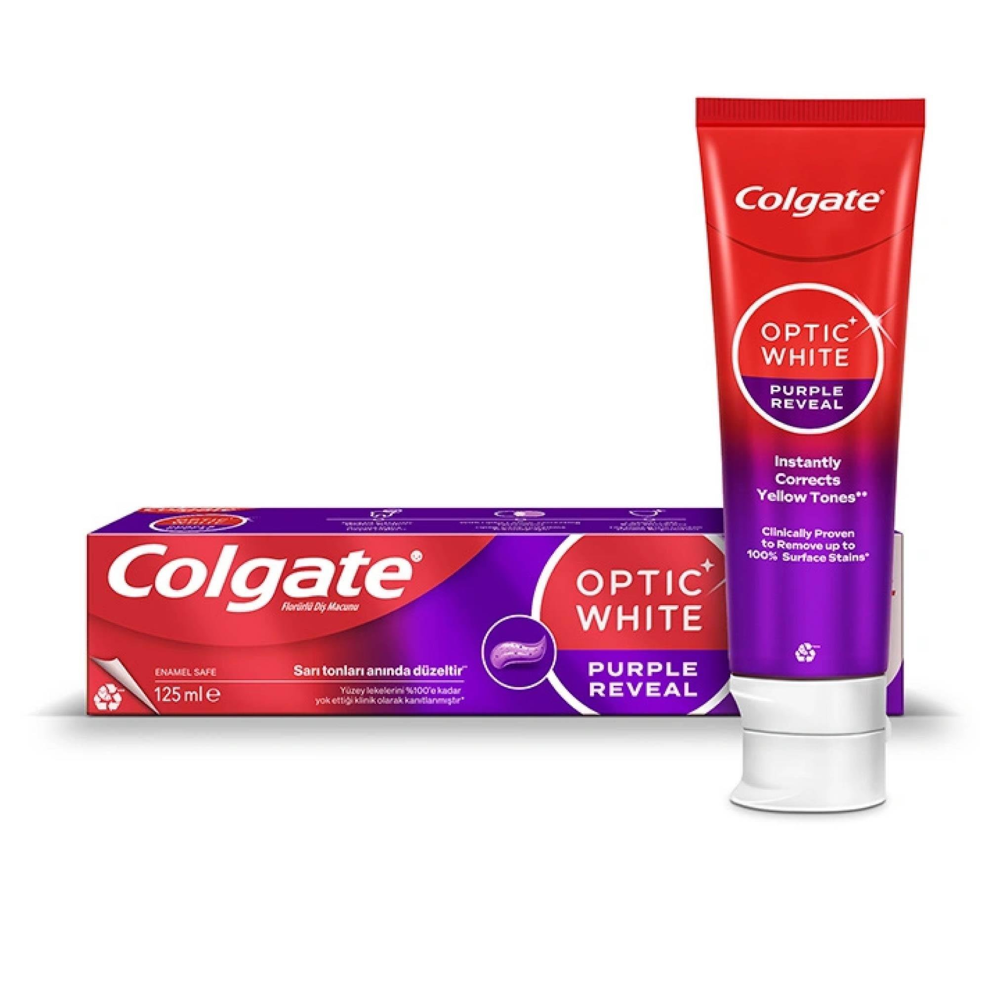 خمیر دندان کلگیت اوپتیک وایت سفید کننده Optic White Purple Reveal حجم 125 میل اورجینال سفیدکننده فوری ضد زردی دندان