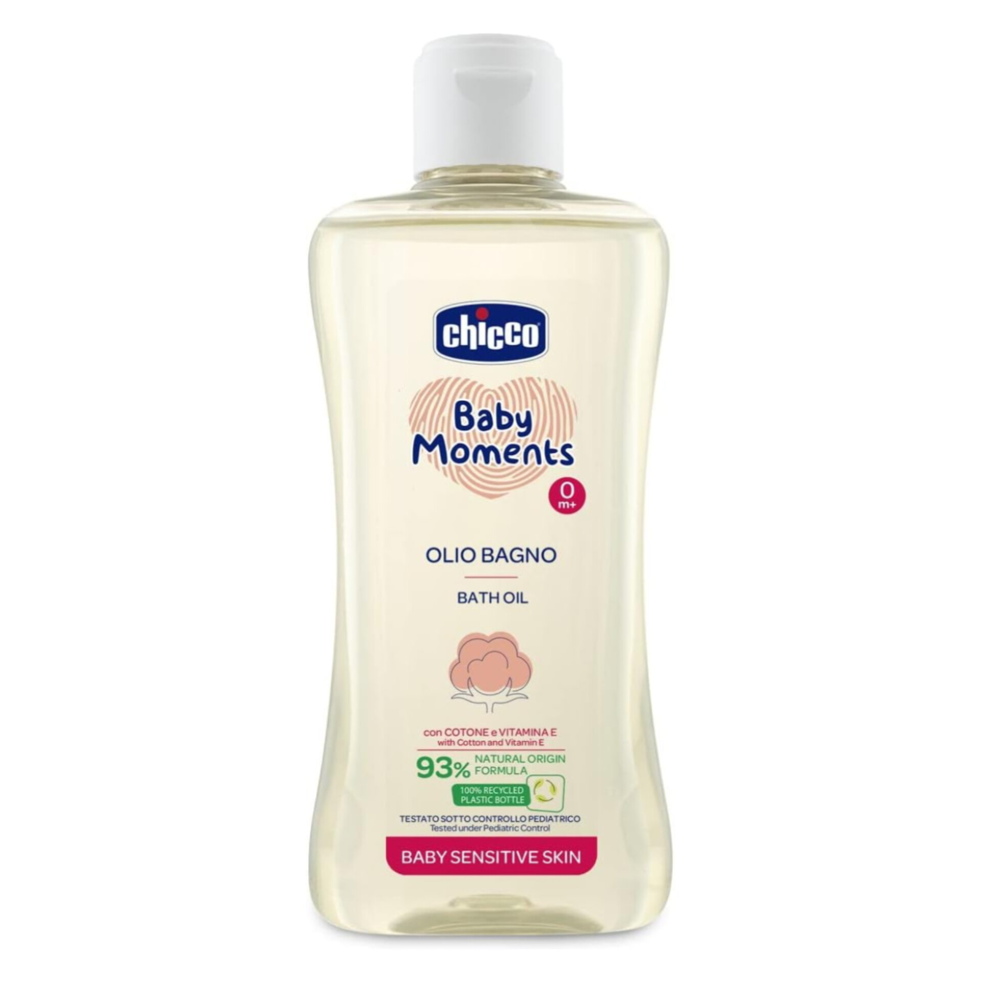 روغن حمام کودک چیکو مدل Baby Moments حجم 200 میل اورجینال مناسب پوست حساس نوزاد و کودک، حاوی روغن پنبه و ویتامین E