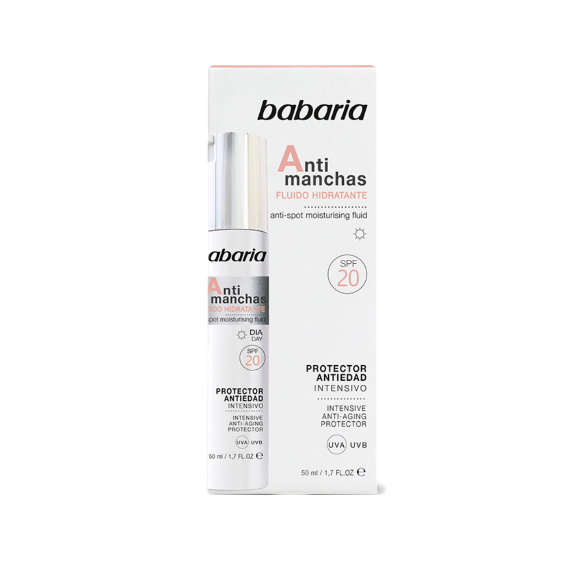 فلوئید ضد لک و ضد چروک صورت باباریا حجم 50 میل اورجینال Babaria Anti Manchas Hidratante Fluido SPF20 50ml