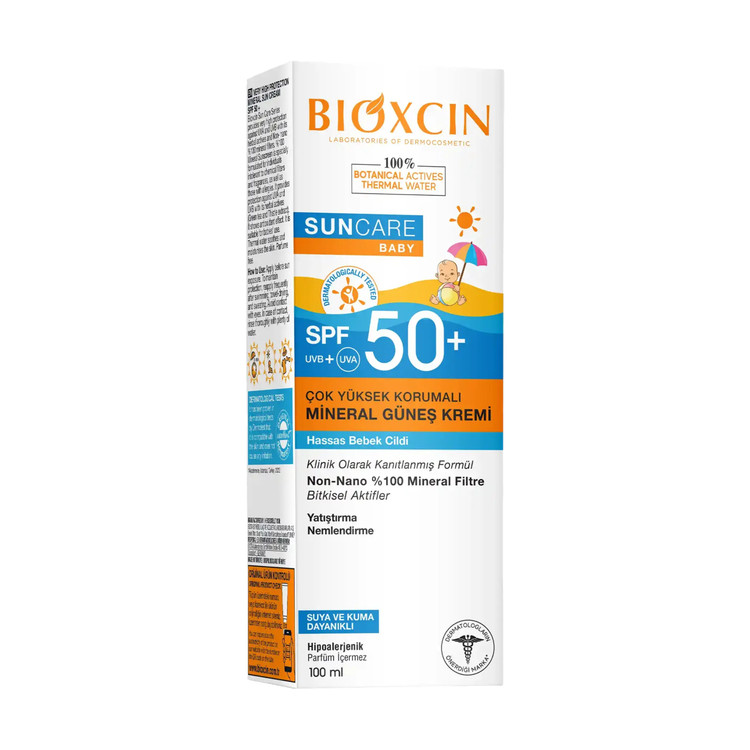 کرم ضد آفتاب مینرال نوزاد بیوکسین Suncare Baby SPF50+ حجم 100 میل اورجینال محافظت بسیار بالا برای پوست حساس نوزاد و کودک