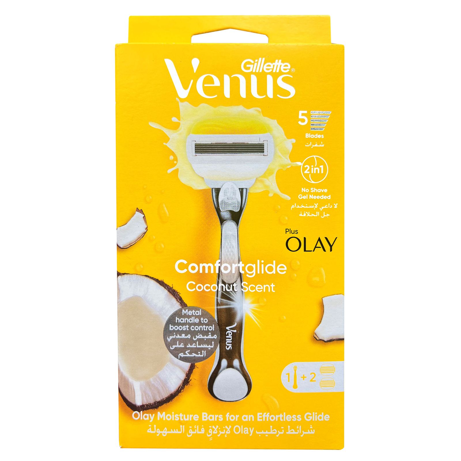 خودتراش زنانه ژیلت Venus Comfortglide نارگیل + Olay مدل 5 لبه بسته 1 دسته + 2 تیغ یدک اورجینال