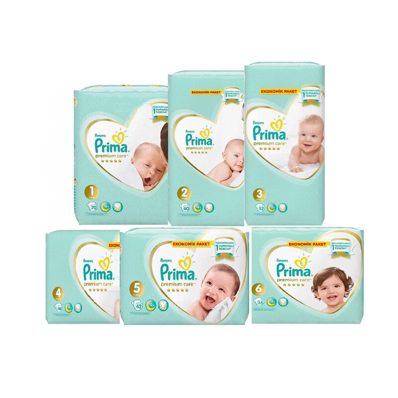 پوشک بچه پریما پمپرز Premium Care لهستانی اورجینال ضد حساسیت، مناسب نوزاد تا کودک در سایز 1 تا 6