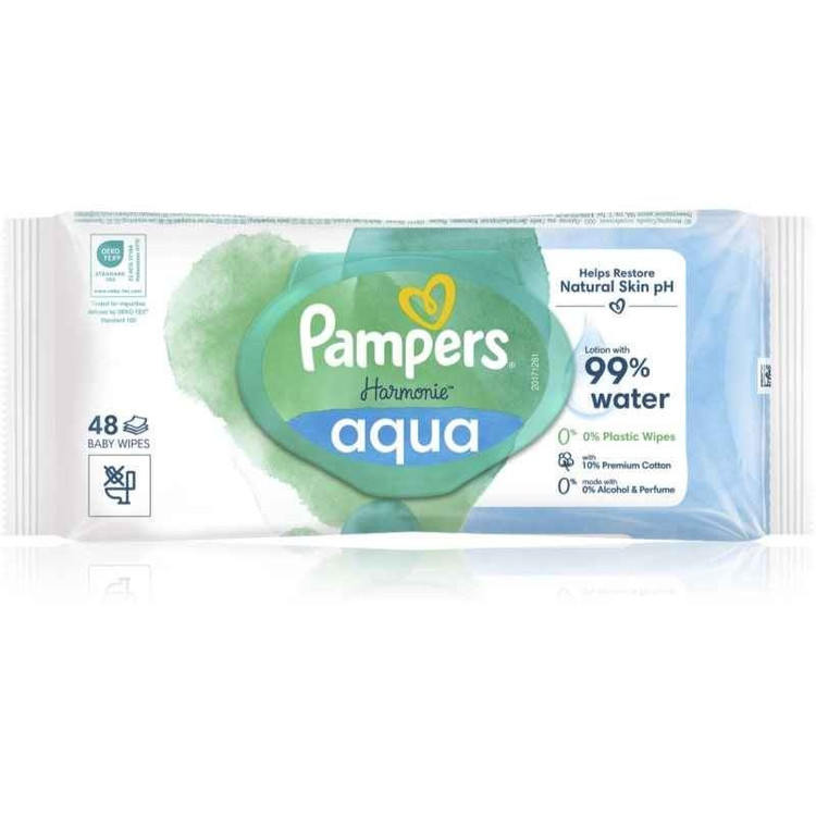 دستمال مرطوب کودک پمپرز مدل Harmonie Aqua بسته 48 عددی