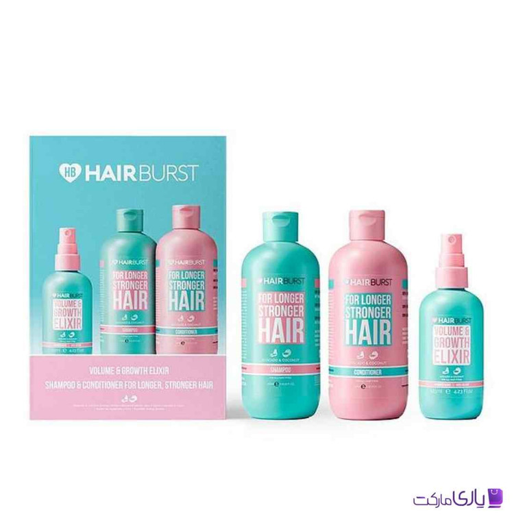 پک مراقبتی هیربرست مدل For Longer Stronger Hair شامپو، نرمکننده و اسپری الکسیر حجمدهنده و رشد مجدد