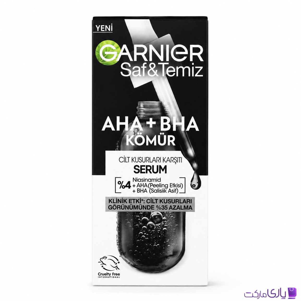 سرم زغالی ضد عیوب پوستی گارنیر سری Saf & Temiz AHA + BHA حاوی 4% نیاسینامید حجم 30 میل