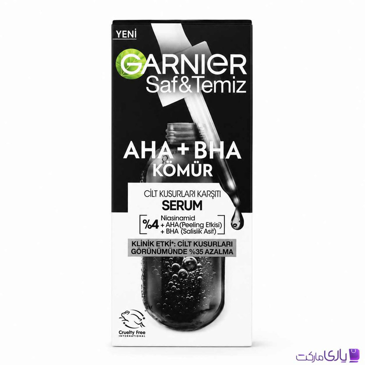 سرم زغالی ضد عیوب پوستی گارنیر سری Saf & Temiz AHA + BHA حاوی 4% نیاسینامید حجم 30 میل