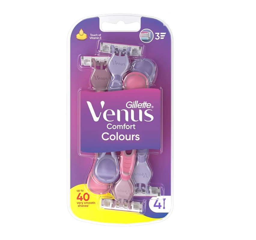 خودتراش زنانه ژیلت ونوس Comfort Colours بسته 4 عددی اورجینال اصلاح نرم با 3 تیغه و دسته رنگی