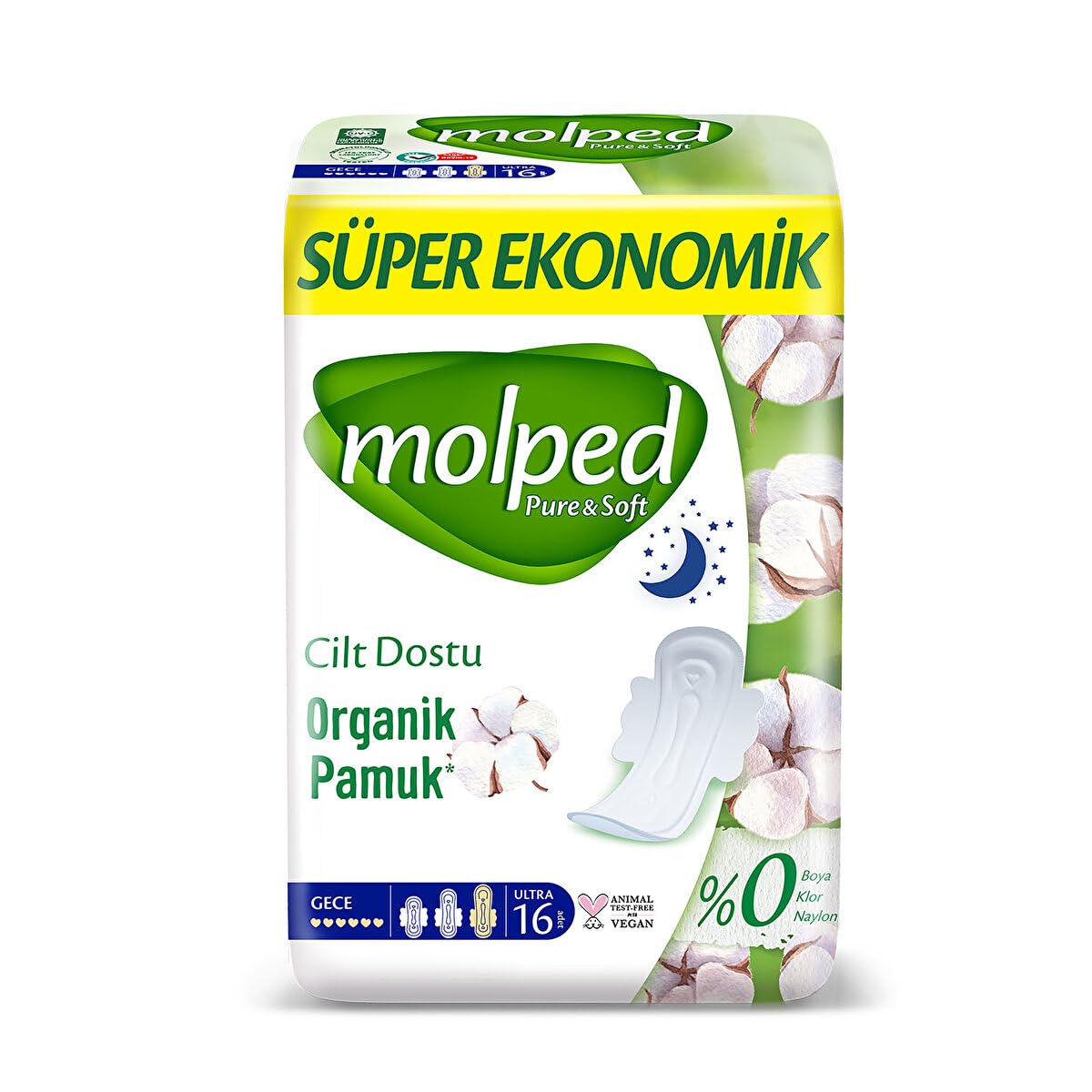 نوار بهداشتی شبانه سوپر اکونومیک ارگانیک پنبه مولپد Molped Pure &amp; Soft Super Ekonomik Organic Cotton Night Pads مولپ